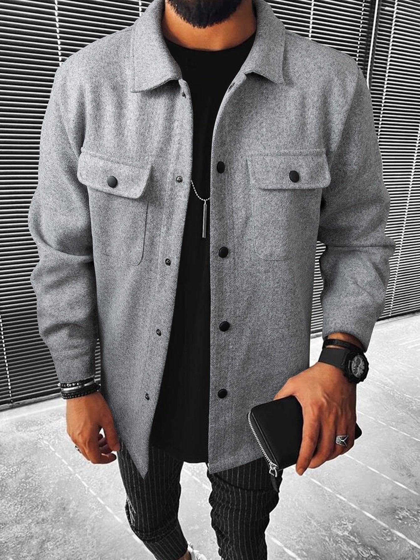 Men Button Front Flap Pocket Overcoat - Coffee-N-shop